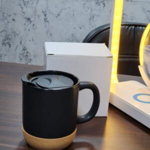 Aesthetic Ceramic Coffee Mug with Wooden Base and Slide Lid